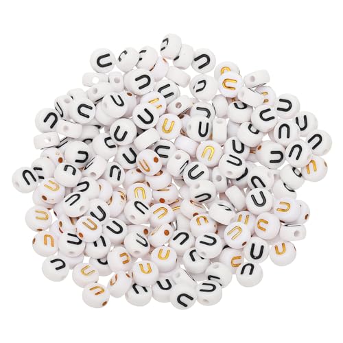HARFINGTON 200 Pcs 4x7mm Acrylic Letter Beads, Round White Alphabet Beads Letter U, Alphabet Spacer Beads for Jewelry Making Bracelets Necklaces - style: Letter U