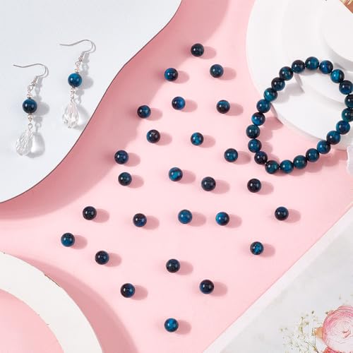 1 Box 50Pcs Blue Tiger Eye Beads Natural Agate Beads Loose Bulk Round Gemstone Dark Blue Black Polished Spacers for Jewelry Making Findings Bracelets Necklace Earrings DIY Crafts Beginners