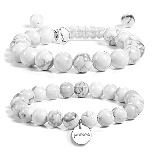 JADENOVA Natural Bead Bracelet Semi Precious Gemstone Beaded Bracelet for Women Healing Crystal Stone Stretch Bracelet Men Couple Bracelets (2pcs,6-8mm/8-10mm) - color: Howlite, size: 8mm/10mm