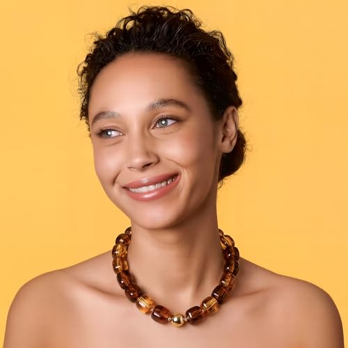 Chunky Necklaces for Women, Trendy Colorful Square Acrylic Resin Beads Statement Choker Necklace, Lightweight Boho Summer Beach Vacation Jewelry - color: amber color