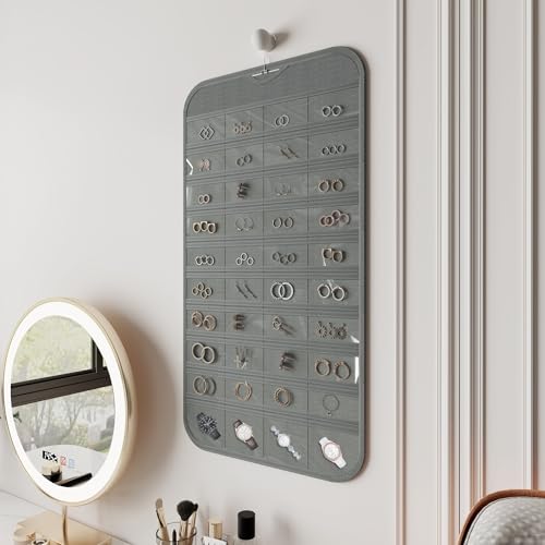 1 Pack Hanging Jewelry Organizer 80-Pocket Dual-sided Jewelry Storage for Earring Necklace Bracelet Ring Travel Holder, Gray - color: Gray