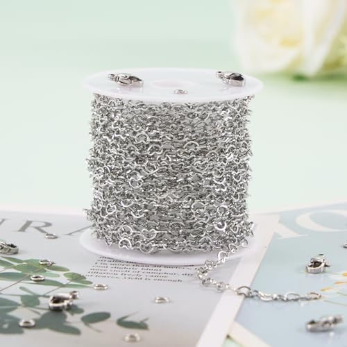KYUNHOO 16.4FT/5M Stainless Steel Silver Chains for Crafts DIY Supply Jewelry Findings Hollow Heart Chain for Jewelry Making with Lobster Clasps Jump Rings - color: Heart Silver