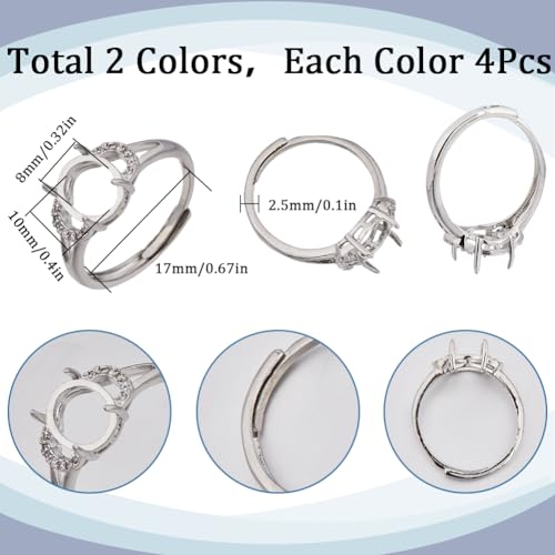SUNNYCLUE 1 Box 8Pcs Prong Ring Setting Cubic Zirconia Adjustable Ring Blanks Golden Silver Brass Finger Ring Components 4 Claw Prong Ring Base for Jewelry Making Kits DIY Gemstone Rings Adult Women - style: Ring 1
