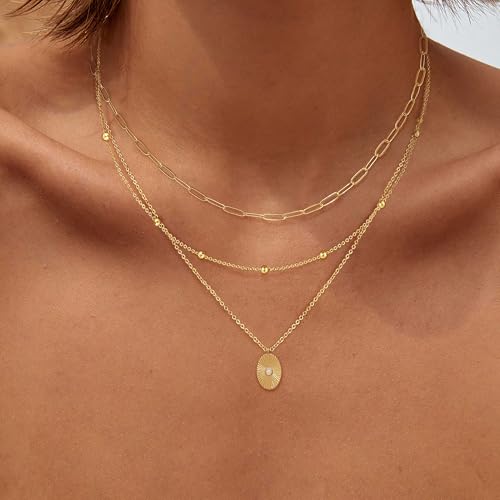 Layered Necklaces for Women, Dainty 14K Gold Plated Circle Peadant Chain Necklace Set Simple Paperclip Stacked Necklaces for Women Trendy Gold Jewelry - color: set4