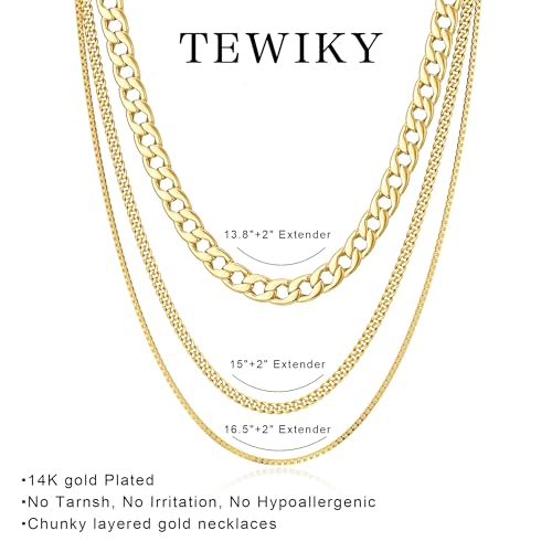 Tewiky Layered Necklaces for Women Non Tarnish- Chunky 14k Gold Plated Herringbone/Snake/Rope/Box/Cuban Link Chain for Women Waterproof Layering Stack Choker Necklace Trendy Dainty Tarnish Free Jewelry Set - color: 3 Chunky cuban/box-Gold