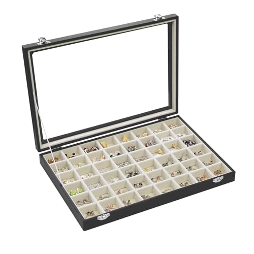 Stratalife Jewelry Organizer 48 Grid Jewelry Tray with Clear Lid Dust-proof Velvet Earring Organizer Necklace Rings Holder Display Drawer Storage Case for Women Beige Black - color: Beige-Black, size: 48 Grid