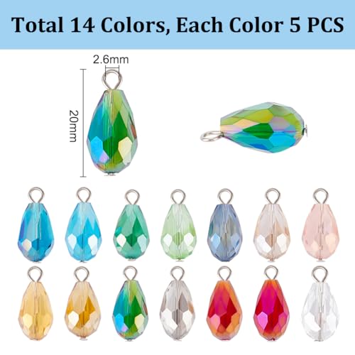 PH PandaHall 70pcs 14 Colors Faceted Teardrop Charms 20mm AB Color Glass Crystal Pendants, Glass Charms Beads Dangle Pendants for Necklace Earring Bracelet Jewelry Craft Making