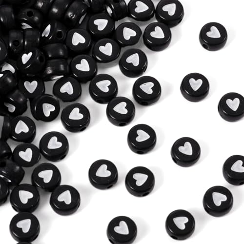 Cheriswelry 200pcs 7mm White Heart Acrylic Flat Round Beads Black Opaque Plastic Disc Coin Pony Loose Spacer Love Heart Beads for DIY Craft Earring Bracelet Necklace Keychains Jewelry Making - color: Black Heart Beads
