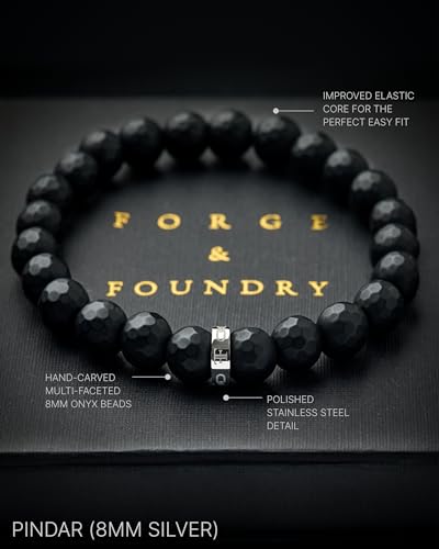 Forge & Foundry Faceted Matte Black Onyx Stone Beaded Bracelet | Custom Signature Stainless Steel Bead | ‘Pindar’ | 8mm and 10mm Bead Desgins | Refined Hand-Crafted Jewelry - color: 8mm Silver, size: Large