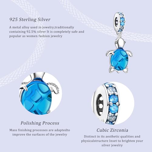 925 Silver Charms Pendants For Pandora Bracelet Golden charms Bead Safety Chain Clip set Heart Flower Animal Beads Family, Mom, Friend, Daughter, Birthday, Jewelry Gift - style: G-Blue Turtle