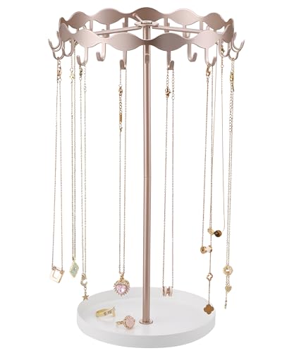 Lolalet Necklace Organizer Holder, Jewelry Display Rack Tree Stand with 26 Hooks & Metal Base Tray, Tall Hanging Storage for Necklaces, Keychains, Bracelets, Mothers Day Gift for Women -Rosegold - color: Rosegold