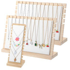 3 Pcs Necklace Display Stands for Selling, Bamboo Necklace Holder with PU Leather Panel Beige Multi-Tiered Jewelry Display Storage Set for Vendors and Home (11.8x7.9x3.3 Inch/10.6x3.9x3.7 Inch)