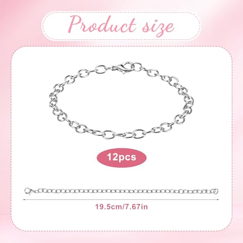 12 Pack DIY Charm Bracelet Chain Silver Chain Bracelets with Lobster Clasps Jewelry Making Bracelets Chains Metal Bracelet Link Chains Crafts Supplies for Women Men
