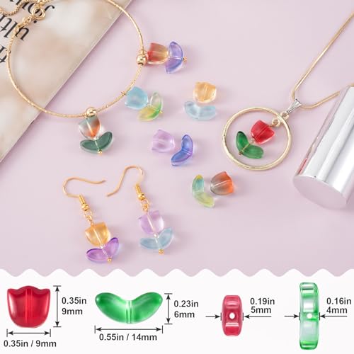PAGOW 60pcs Tulip Flower Glass Beads, Czech Coloured Glaze Translucent Bracelet Beads, Colorful Handcrafted Crystal Loose Glass Beads for Spring Summer Valentines Wedding DIY Jewelry Making - color: Tulip Beads (Czech Glaze)