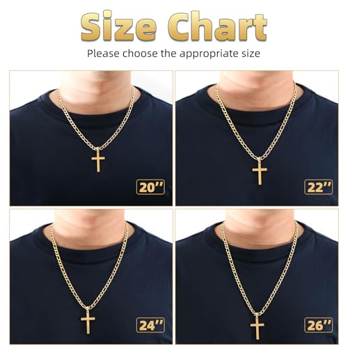 CaptainSteeL Cross Necklace for Men - Stainless Steel Silver/Gold Plain Cross Pendant Necklace Simple Jewelry Gifts, 20/22/24/26 Inches 3:1 Figaro Link Chain 4/5/6mm Width - size: 22inch, style: 6mm GOLD