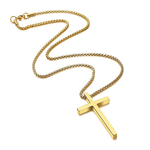 IEFSHINY Gifts for Men Boys - Stainless Steel Cross Pendant Chain Necklaces for Men, Mens 16-30 Inches Chain Gold Silver Black Cross Necklace Boys Jewelry Gifts - size: 30, style: Gold-cross pedant 0.7"*1.18"