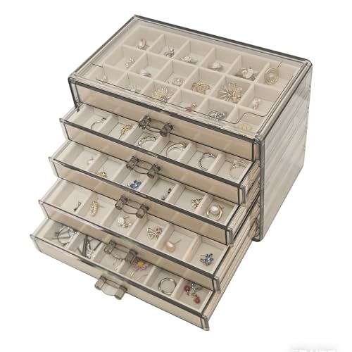 Acrylic Earring Holder Organizer with 5 Drawers Clear Earring Organizer Box with 90 Adjustable Grids Velvet Earring Display Case Jewelry Organizer for Earrings Rings Studs (Brown Beige) - color: Brown Beige