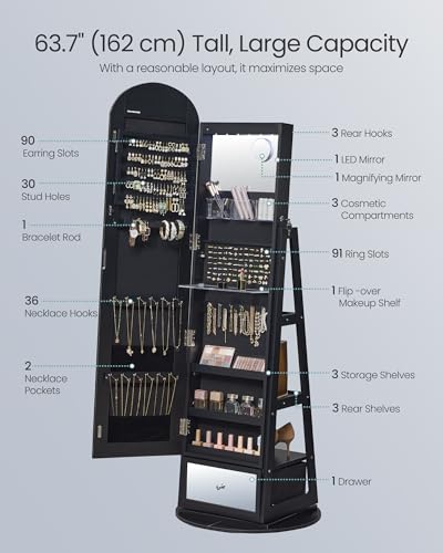 SONGMICS 360° Swivel Jewelry Cabinet, Full-Length Arched Mirror with LED Lights, Magnifying Mirror, Storage Shelves, Drawer, Ink Black UJJC030BC01 - color: Ink Black