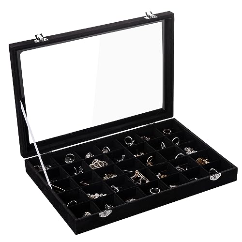 Frebeauty Velvet Jewelry Tray,35 Grid Jewelry Organizer with Clear Lid,Earring Holder Organizer Case with Clasp,Drawer Insert for Rings Studs,13.8 x 9.5 x 2 Inches,Gift for Women Girls(Black) - color: Black, size: 35 Grid