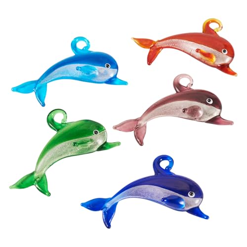 FASHEWELRY 5Pcs Large Lampwork Dolphin Charms 5 Colors Cute Glass Ocean Animals Penadants Cartoon Sea Fish Charms with Silver Foil for DIY Bracelet Jewelry Making - color: 5 Colors Big Dolphin