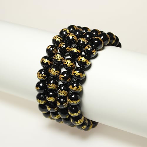 MJDCB Natural Stone Beads 8mm 43pcs Round Black Onyx Carved Dragon Loose Gemstone Bead Charms for Jewelry Making Bracelet Necklace Earring Pendant - color: Black Onyx Carved Dragon, size: 8mm