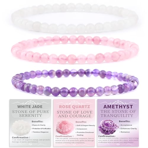 2/3-Pieces 4mm 6mm 8mm Natural Crystal Gemstone – Handmade Reiki Energy Healing Stretch Bracelets Jewelry for Yoga, Meditation, Unisex - color: 3 Pieces (Amethyst&PinkQuartz&WhiteJade), size: 4mm