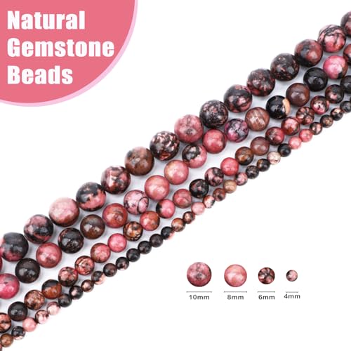 Natural Stone Beads Round Genuine Real Stone Beading Strand Loose Gemstones DIY Smooth Bead for Bracelet Necklace Earrings Jewelry Making (Pink Black Rhodonite, 8mm 45 Pieces) - color: Pink Black Rhodonite, size: 8mm 45pcs
