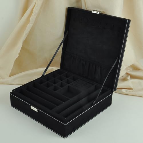 Jewelry Boxes 10 x 10 Inches 2-layer Handle Necklace Holder Organizer Jewellery Women Rings Storage Display Girls Earrings Case Lockable Jewelry Tray GY641 (Black) - color: Black