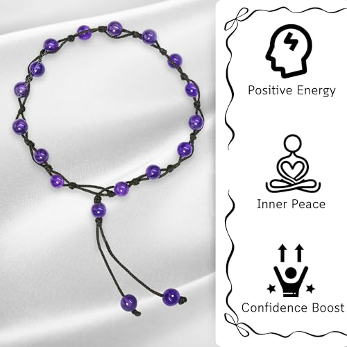 Amazing Gemstone Crystal Anklet Ankle Bracelets for Women - Waterproof Beaded Healing Crystal Anklets, Plus Size Chakra Gemstone Bead Anklet - color: Amethyst, style: Hand Knotted