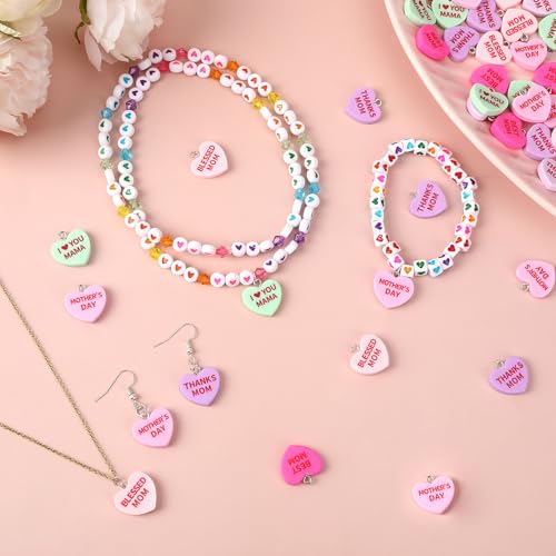 Augshy 64 Pcs Mother's Day Charms Resin Heart Charm Beads Love Mama Ornament Blessed Mom Pendant for DIY Bracelet Necklace Jewelry Making - style: Mother's Day Style