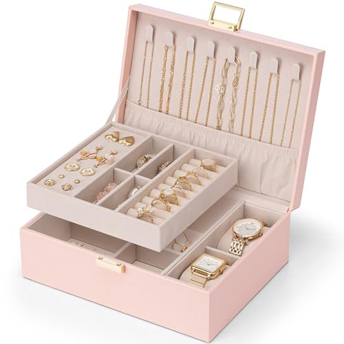 VLANDO 2 Layer Jewelry Box Large Jewelry Organizer for Mothers Day Mom Gifts Jewelery Tray with Watch Pillow for Necklace Earrings Rings Bracelets Jewelry Boxes for Holidays Gifts (Pink) - color: 03-Pink-Watch Pillow