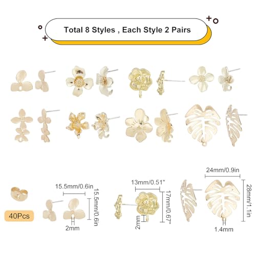 SUNNYCLUE 1 Box DIY 16 Pairs Flower Leaf Stud Earring Findings Stainless Steel Earrings Findings Thin Flower Ear Post with Ear Nuts for DIY Earring Jewelry Making - color: 16 Pairs Leaf and Flower Stud Earring Findings