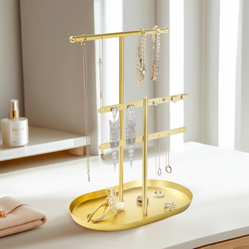 Saydear Elegant Jewelry holder Organizer: 2-Tier Display Storage Stand for Earrings Necklaces with Ring Tray Spacious and Durable, Easy to Assemble Gold - color: Gold
