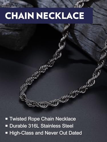 Bandmax Solid 1.5mm/2mm/3mm/6mm Rope Chains for Men Women 14K Gold Plated/Black Plated Stainless Steel Twist Chain 16-30 Inches, with Gift Box - color: 12 6MM Black