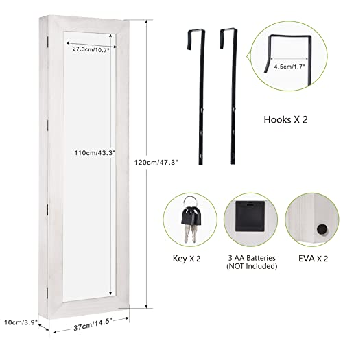 SRIWATANA Jewelry Armoire Cabinet, Solid Wood Jewelry Organizer with Full Length Mirror Wall/Door Mounted(Washed White) - color: Washed White