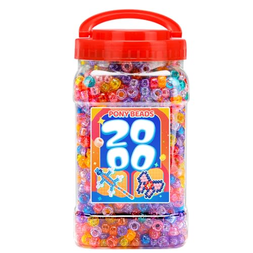 Bundooraking 2000pcs Pony Beads Bulk, Glitter Plastic Beads for Bracelets, Jewelry Making, Crafts, Hair Braiding, Keychains & DIY Projects with Handle Storage Bucket(6x9mm) - color: Glitter, size: Medium[2000]