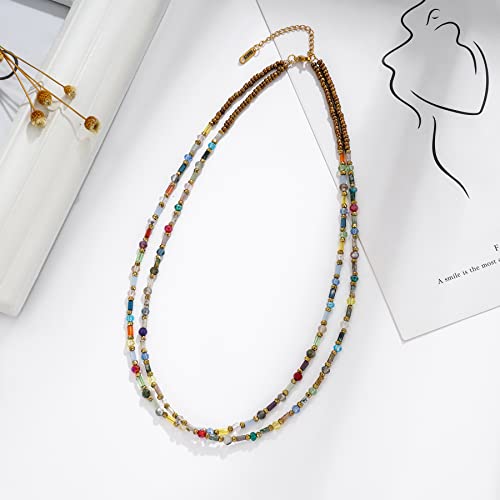 Plumiss Boho Handmade Natural Jasper Stone Beaded Crystal Mixed Strand Short Necklace for Women Girl - color: Crystal