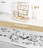 Emibele Jewelry Holder, Jewelry Organizer Stand Necklace Earrings Bracelet Holder, 5 Tier Jewelry Display Tower Rack with Metal Frame and Velvet Ring Tray, Aesthetic Jewelry Stand Gift for Women, Gold - color: Gold & White