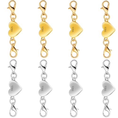 925 Silver Heart-Shaped Magnetic Necklace Clasps and Closures, Magnetic Clasp Converter for Jewelry Making Supplies,Chain Extender Connector for Necklace Bracelet (4gold + 4silver) - color: 4gold + 4silver