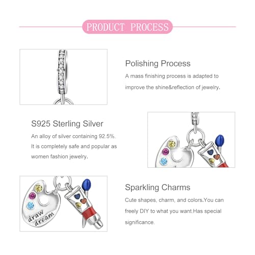 925 sterling silver Bead Charm for Pandora bracelets and Necklaces - Cute Heart Animal Ocean Pendant Bead Charms with Cubic Zirconia Mother's Day Jewelry Making DIY Gifts for Women Wife/Girlfriend - color: Painting Palette and Brush Charm