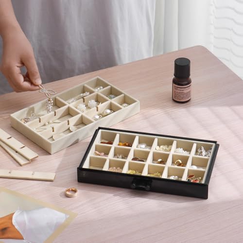 YUFONG Earring Organizer Box Acrylic Jewelry Organizer with 3 Drawers 54 Adjustable Grids Clear Stackable Earring Holder Velvet Trays Ring Display Case for Women Girls (Black Beige) - color: Black Beige