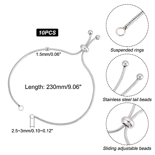 UNICRAFTALE 10 Strand Stainless Steel Adjustable Slider Chain Bracelet Each Side 9"(230mm) Slider Extender Chains with Ball Ends for Jewelry Making - color: Steel Color