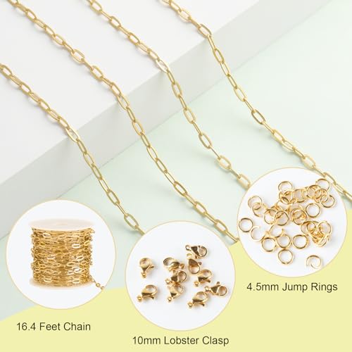 SMYHTGLIF 5 Meters Gold Stainless Steel Chain for Jewelry Making Paperclip Cable Craft Jewelry Making Chains Necklace Bracelet Jewelry Chain Findings - color: Gold, size: 3×7.5mm