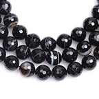 GEM-Inside 14mm Round Faceted Banded Black Agate Onyx Beads Strand 15 Inches