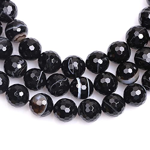 GEM-Inside 14mm Round Faceted Banded Black Agate Onyx Beads Strand 15 Inches