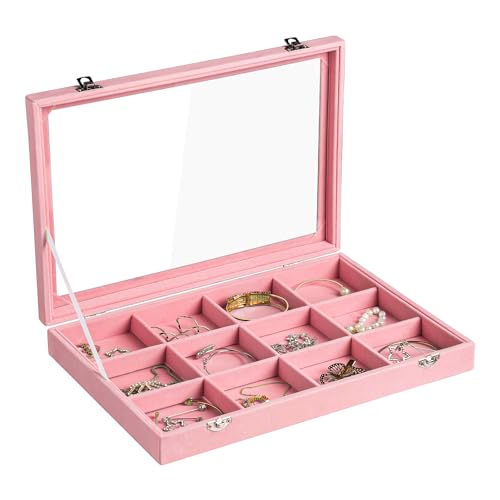 Frebeauty Velvet Jewelry Tray,12 Grid Jewelry Organizer with Clear Lid,Bracelets Holder,Jewelry Display Case with Clasp,Drawer Insert Bangle Brooch,13.8 x 9.5 x 2 Inches,Gift for Women Girls(Pink) - color: Pink, size: 12 Grid