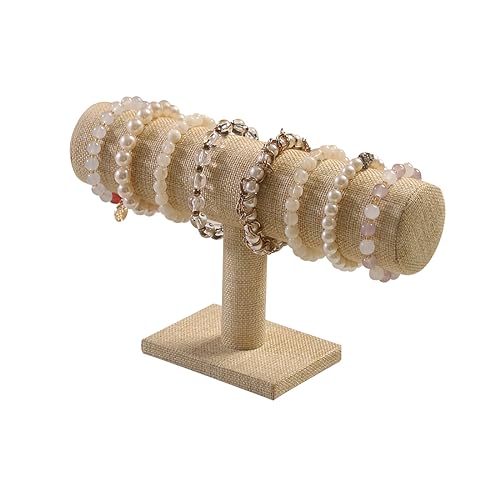 T-Bar Bracelet Holder, Natural Linen Bracelet Display Stand For Store Show, Hair Tied Watch Jewelry Organizer Rack For Selling Show (Yellow Linen) - color: Yellow Linen