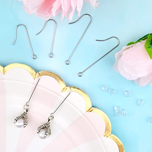 50pcs Stainless Steel Earring Hooks Hypoallergenic Ear Wire Hooks with Hanging Loop Earring Parts and 50pcs Clear Earring Backs for DIY Jewelry Making Supplies, 2 Sizes - color: Silver