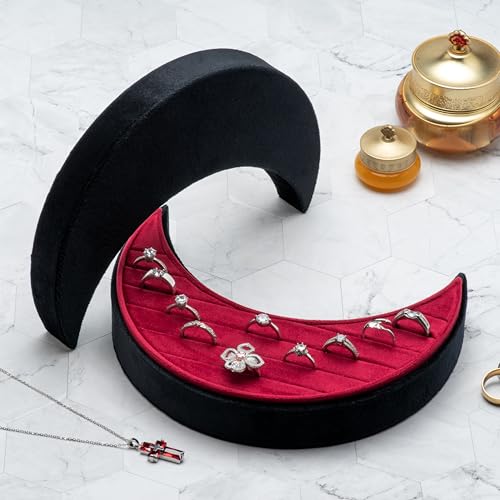 Velvet Multiple Ring Box Organizer Display Tray Crescent Moon Shape Jewelry Box Earring Holder Case for Wedding Birthday Christmas Day (Black and Red)