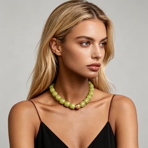 Chunky Acrylic Resin Beaded Necklace for Women Colorful Large Round Choker Adjustable Stack Acrylic Beads Necklace Resin Summer Party Jewelry - style: Olive Green